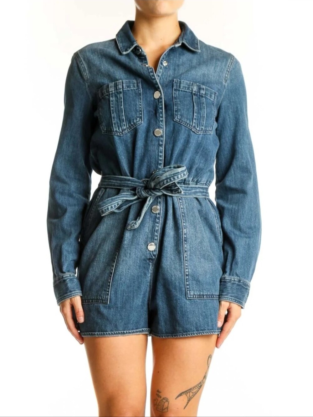 Express Denim Jean Romper Size Large – Button Front Belted Blue Jean Romper for